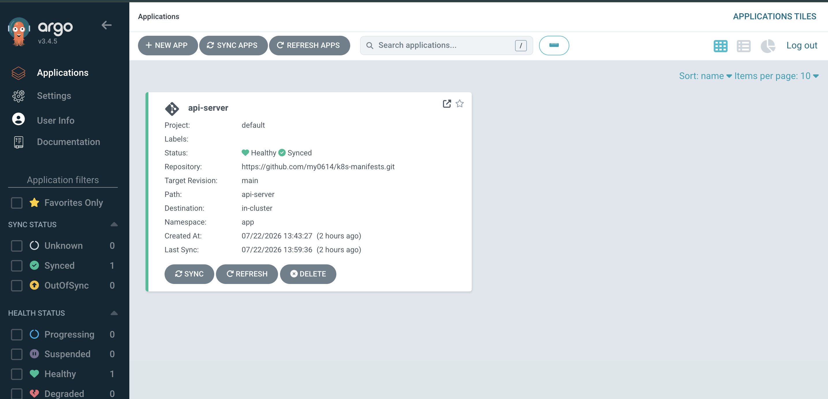 ArgoCD Applications 목록에서 api-server 앱이 Healthy·Synced 상태인 화면